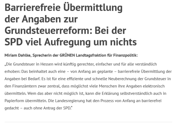 Bild: Barrierefreie Übermittlung der Angaben zur Grundsteuerreform: Bei der SPD viel Aufregung um nichts 