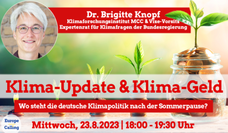 Banner: Europe Calling „Klima-Update & Klima-Geld - Wo steht die deutsche Klimapolitik nach der Sommerpause?”